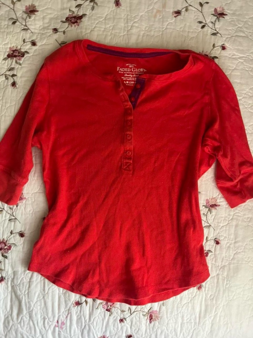 Faded Glory Red Waffle 3/4 Sleeve Henley Top - Picture 6 of 8